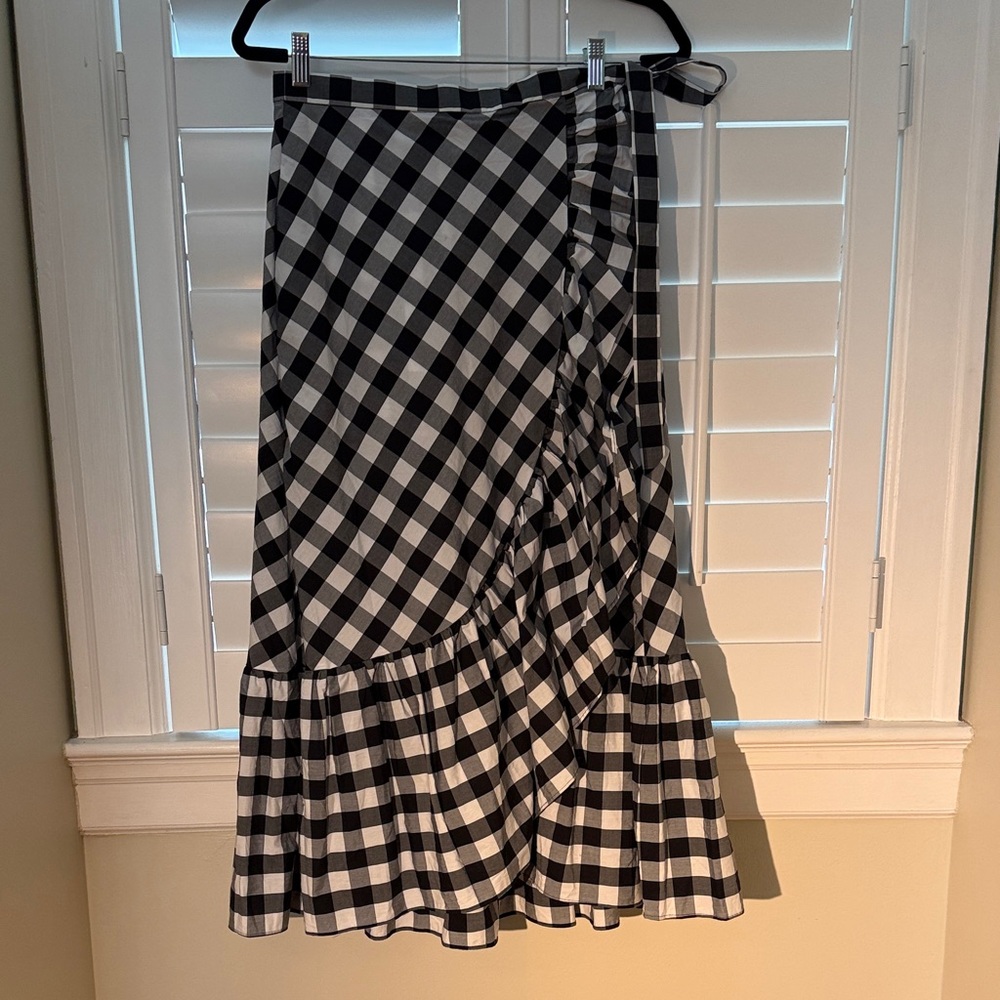 J Crew Black and White Gingham Wrap Midi Skirt